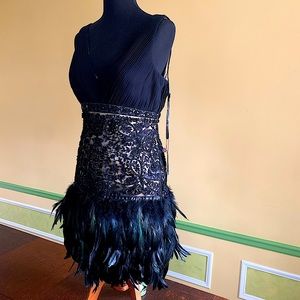 NWT Sue Wong black Gatsby/1920’s Style Dress; lace, beads & feathers, Size 12